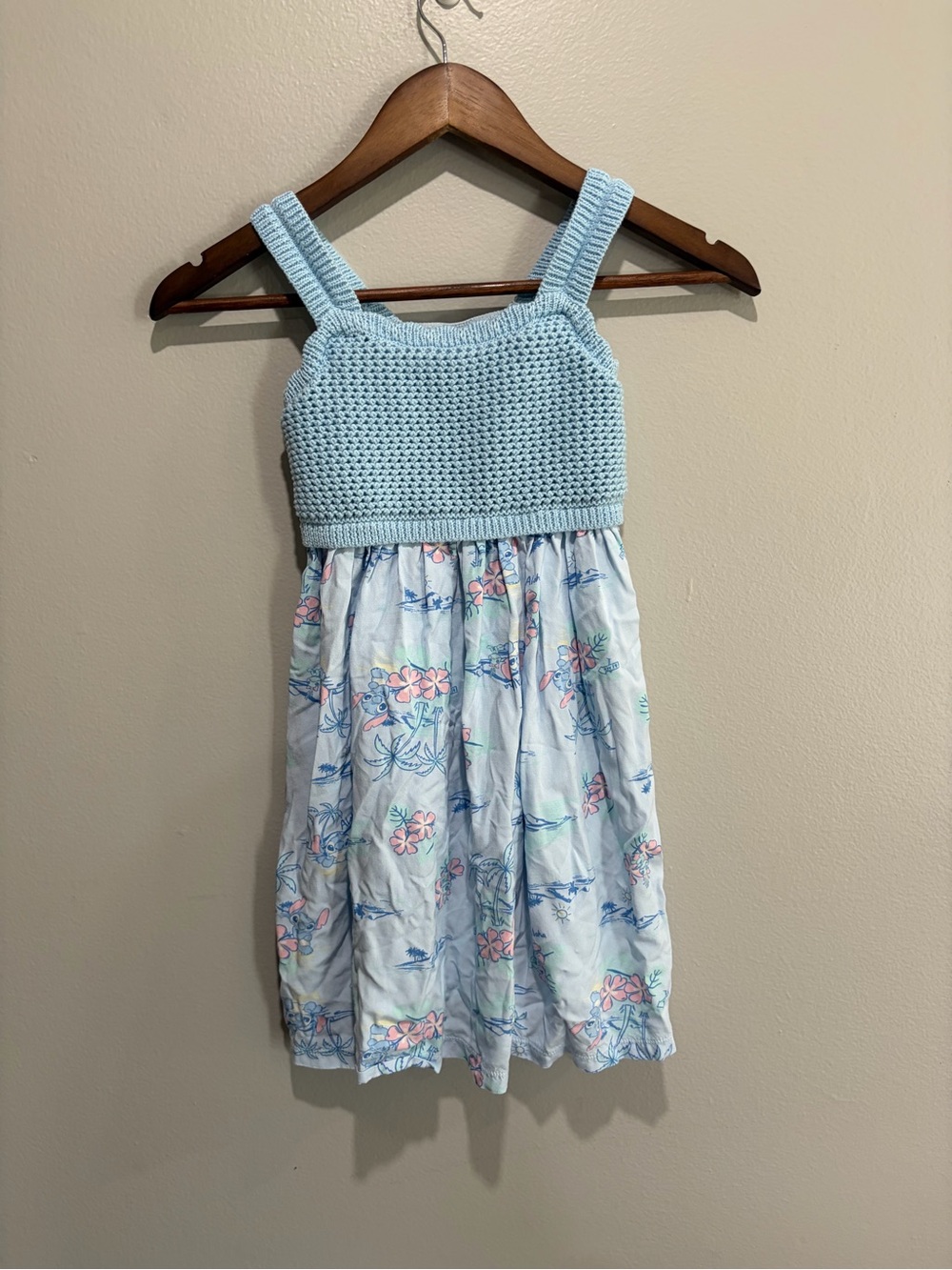 Disney Stitch Light Blue Crochet Bodice Floral Skirt Kids Dress